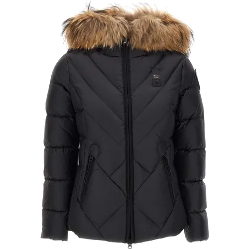 Damen Daunenjacke mit Waschbär Pelz Kapuze - Blauer - Modalova