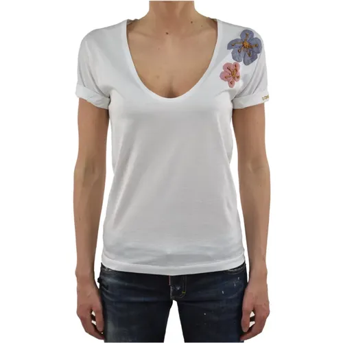 Logo Baumwoll T-Shirt mit Blumendetail - Dsquared2 - Modalova