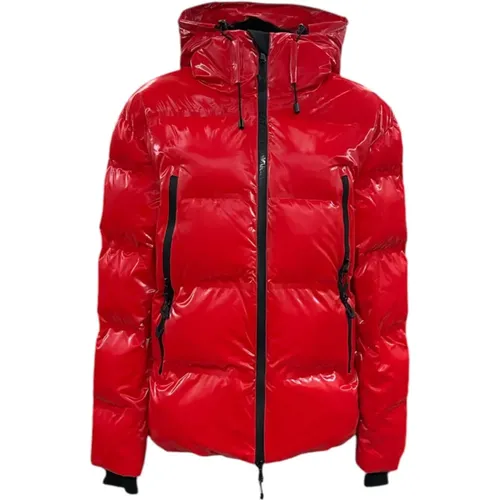 Rote Glänzende Bomberjacke mit Kapuze , Damen, Größe: M - Emporio Armani EA7 - Modalova