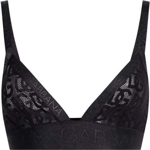 Schwarzer BH mit Logo und Spitzenakzenten , Damen, Größe: 2XS - Dolce & Gabbana - Modalova