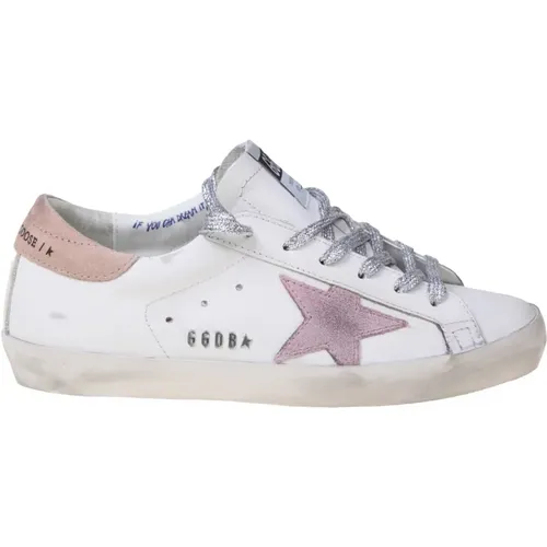 Super-Star Leather Sneakers with Pink Suede Star , female, Sizes: 5 UK, 6 UK - Golden Goose - Modalova