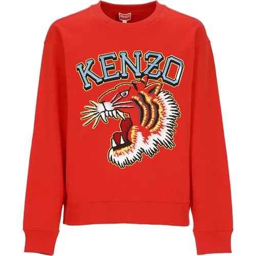 Roter Baumwollpullover mit Kontrastierendem Logo und Tigerdruck - Kenzo - Modalova