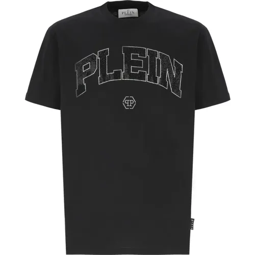 Schwarzes Strass-Logo Crewneck T-Shirt , Herren, Größe: XL - Philipp Plein - Modalova