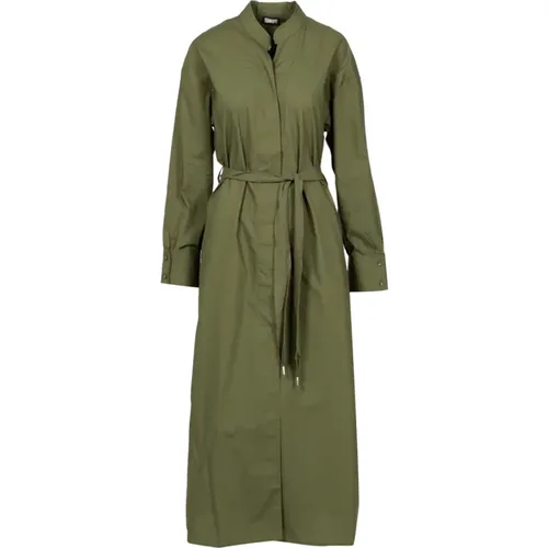 Grünes Baumwoll Langarm Gürtel Kleid , Damen, Größe: M - Blauer - Modalova