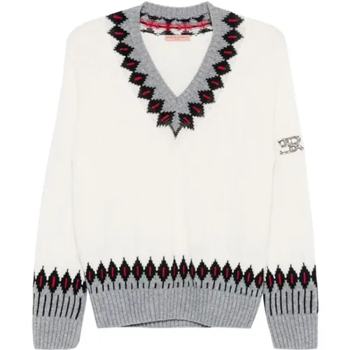 Weiße Zopfmuster V-Ausschnitt Pullover - Ermanno Scervino - Modalova