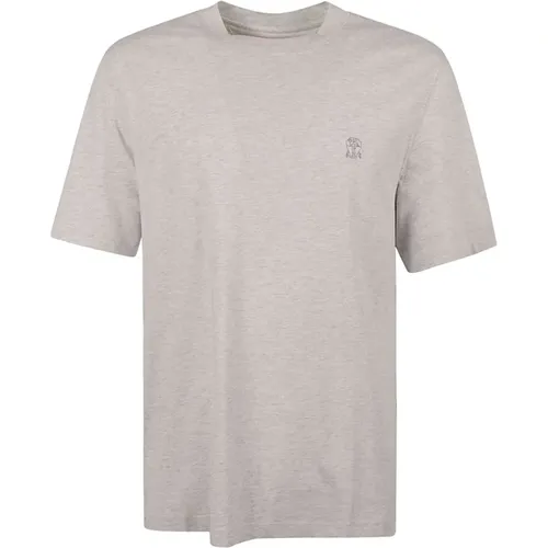 Graues Baumwoll-T-Shirt mit Besticktem Logo , Herren, Größe: L - BRUNELLO CUCINELLI - Modalova