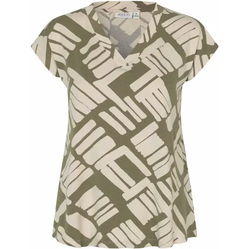 Green V-Neck T-Shirt with Print , female, Sizes: XL, M, L - Masai - Modalova