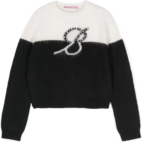 Schwarzer Alpaka Wollpullover mit Perlendetails,Perlenverziertes Crew Neck Sweater - Blumarine - Modalova