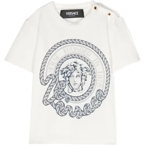 Weißes T-Shirt mit Druck und Knopfverschluss - Versace - Modalova