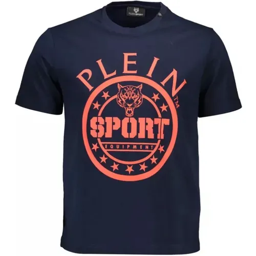 Blaues Baumwoll-T-Shirt mit Kurzen Ärmeln und Druck - Plein Sport - Modalova