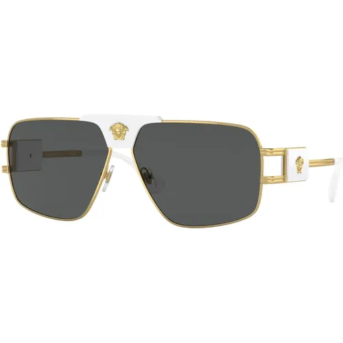 Weiße/Dunkelgraue Sonnenbrille , Herren, Größe: 63 MM - Versace - Modalova