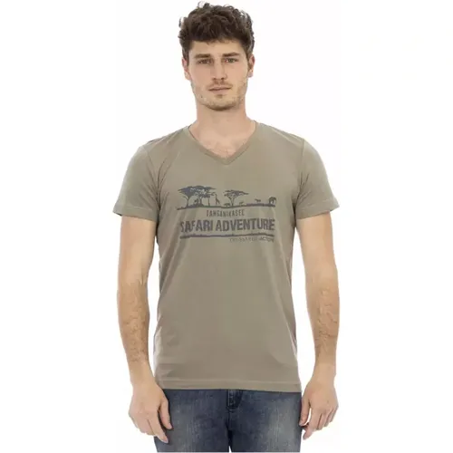 Braunes T-Shirt mit Grafischem Druck und V-Ausschnitt - Trussardi - Modalova