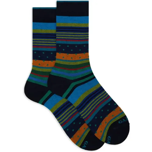 Kurze blaue Baumwollsocken für Herren mit Streifen und Punkten - Gallo - Modalova