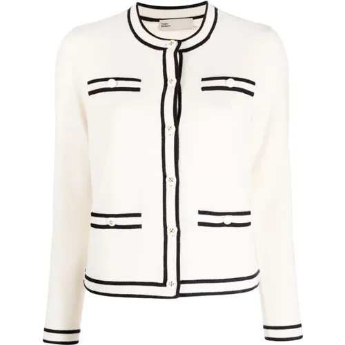 French Cream/Navy Kendra Cardigan , female, Sizes: M, XS, S - TORY BURCH - Modalova