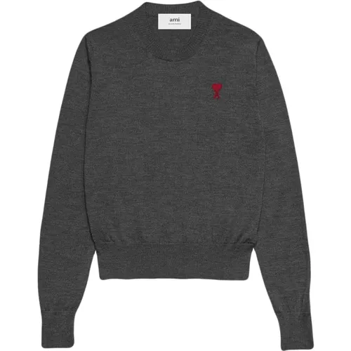 Grauer Pullover mit rotem Logo , Damen, Größe: L - Ami Paris - Modalova