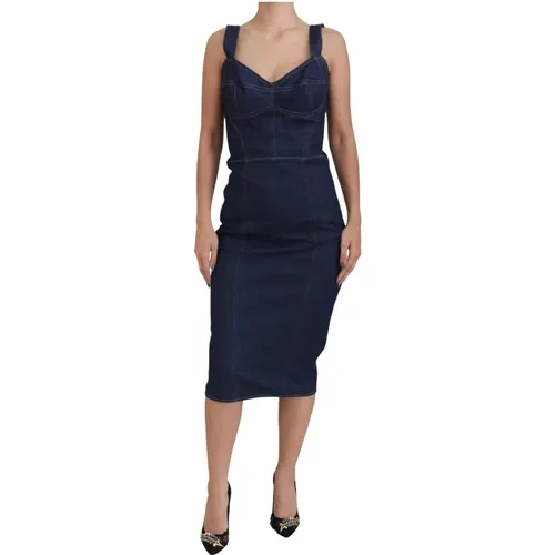 Dark Cotton Denim Sheath Midi Dress , female, Sizes: 3XS, S, L, M, XS, 2XS - Dolce & Gabbana - Modalova