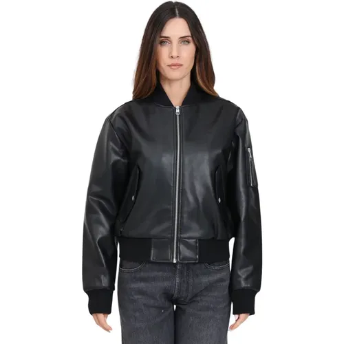 Schwarze Leder Bomberjacke Monogramm Logo , Damen, Größe: M - Calvin Klein Jeans - Modalova