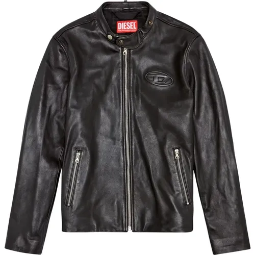 Leather biker jacket with distressed logo , male, Sizes: M - Diesel - Modalova