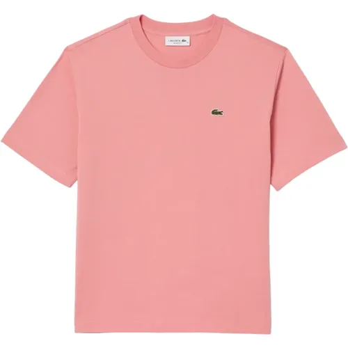 Rosa T-Shirt mit geripptem Kragen , Damen, Größe: M - Lacoste - Modalova