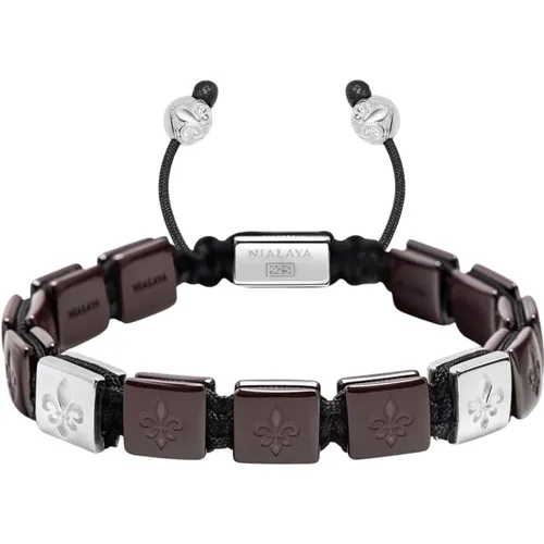 Mens Ceramic Flatbead Bracelet in Dark Red and Sterling Silver , Herren, Größe: 2XL - Nialaya - Modalova