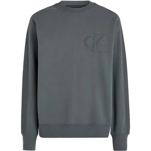 Applique Crew Neck Sweatshirt in Grau , Herren, Größe: M - Calvin Klein Jeans - Modalova