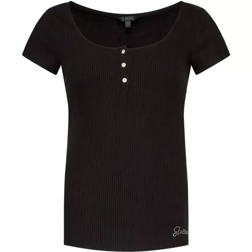 Schwarzes Strass-Logo T-Shirt , Damen, Größe: XS - Guess - Modalova