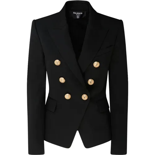 Schwarze Jacken für Männer,Schwarzer doppelreihiger Wollblazer - Balmain - Modalova