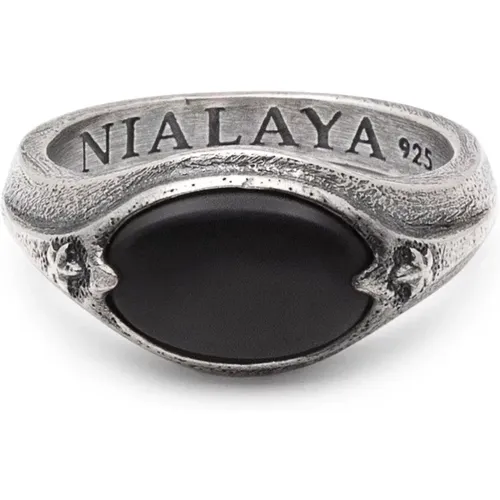 Sterling Silver Oval Signet Ring with Matte Onyx , Herren, Größe: 60 MM - Nialaya - Modalova
