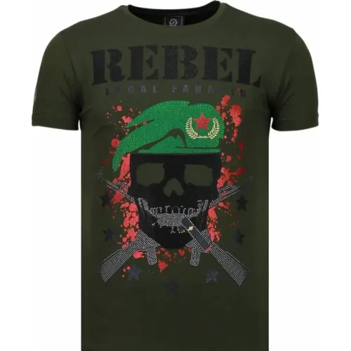 Skull Rebel Rhinestone - Herren T-Shirt - 5776G , Herren, Größe: L - Local Fanatic - Modalova