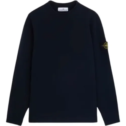 Blauer Lambswoll-Crewneck-Pullover mit Rippdetails - Stone Island - Modalova