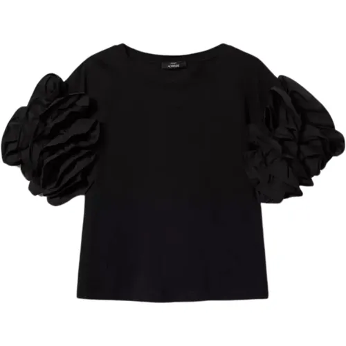 Schwarzes T-Shirt mit Vertikalen Rüschen , Damen, Größe: L - Twinset - Modalova