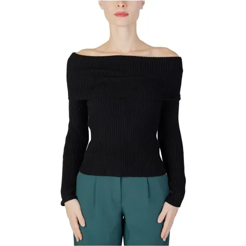 Schwarzer Strickpullover mit Bootsausschnitt , Damen, Größe: L - Only - Modalova