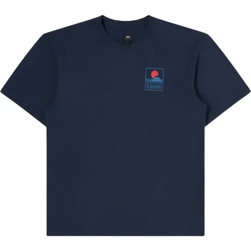 Sunset On Mt Fuji T-Shirt Navy Blazer Garment Washed , male, Sizes: L, M - Edwin - Modalova