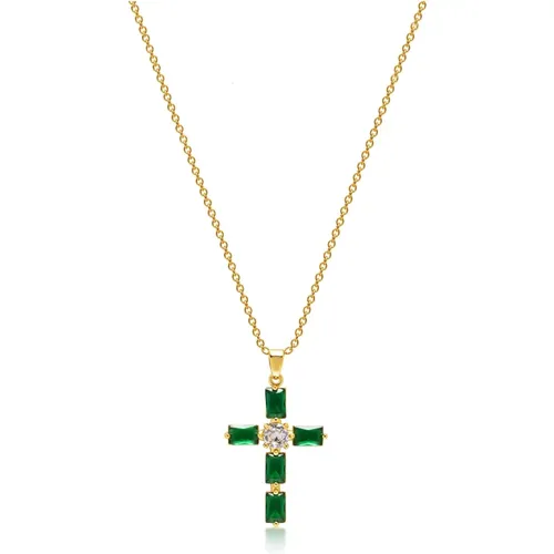 Grünes CZ Kreuz Halskette , Damen, Größe: ONE Size - Nialaya - Modalova