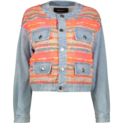 Mandarinkragen Denim Jacke Tweed Einsatz - Dsquared2 - Modalova