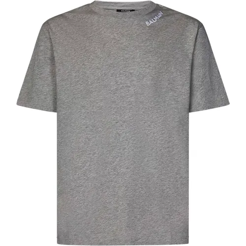 Grey Cotton T-Shirt with Embroidered Logo , male, Sizes: S, XL, 2XL, M, L - Balmain - Modalova