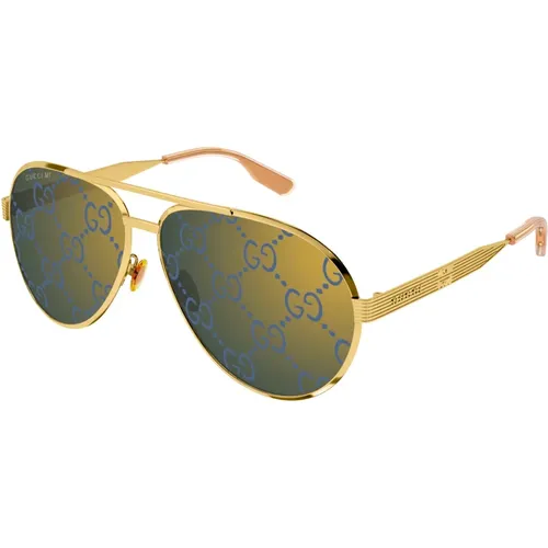 Gold/Blau Getönte Sonnenbrille , Herren, Größe: 64 MM - Gucci - Modalova