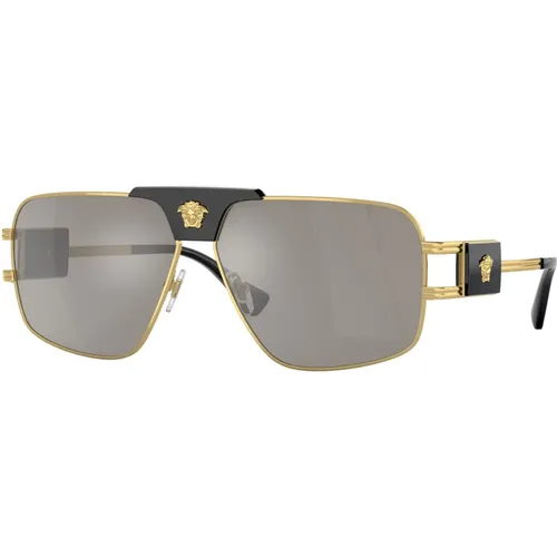 Gold/Grau Silber Spiegel Sonnenbrille , Herren, Größe: 63 MM - Versace - Modalova