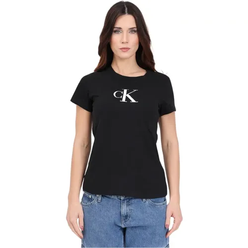 Schwarzes T-Shirt mit weißem Logo - Calvin Klein Jeans - Modalova