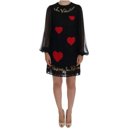 Schwarzes Spitzenkleid mit rotem Herzapplikation - Dolce & Gabbana - Modalova