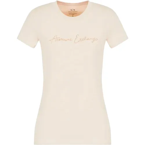 Glitter Logo Slim Fit T-Shirt , Damen, Größe: XL - Armani Exchange - Modalova