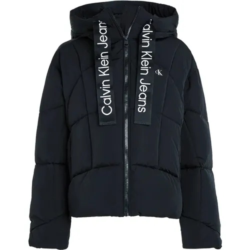 Short Puffer Jacket with Logo Drawstring , female, Sizes: XS - Calvin Klein - Modalova