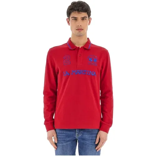 Rotes Baumwoll-Poloshirt mit Blauem Logo - LA MARTINA - Modalova