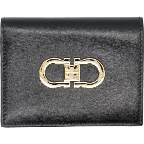 Bicolor Double Gancio Wallet Nero + Flame Red , female, Sizes: ONE SIZE - Salvatore Ferragamo - Modalova