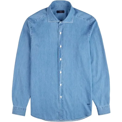 Blaues Chambray Hemd mit Besticktem Logo , Herren, Größe: M - Fay - Modalova