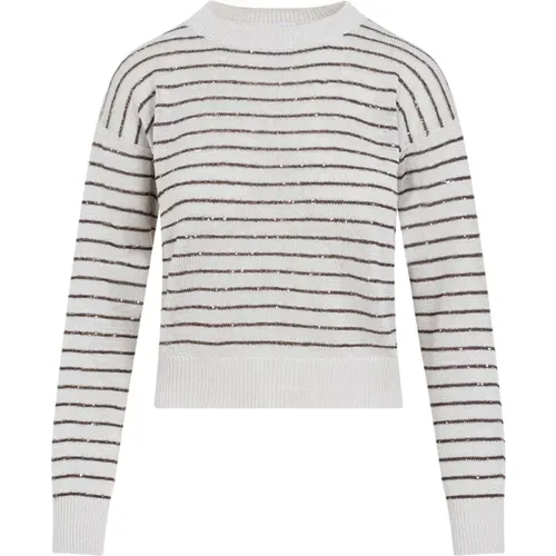 Striped Cotton Pullover Sweater , female, Sizes: S, M - BRUNELLO CUCINELLI - Modalova
