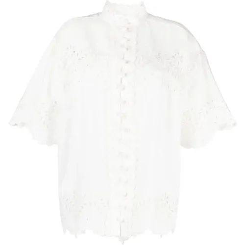 Weißes besticktes Leinenhemd mit gesäumtem Rand , Damen, Größe: L - Zimmermann - Modalova