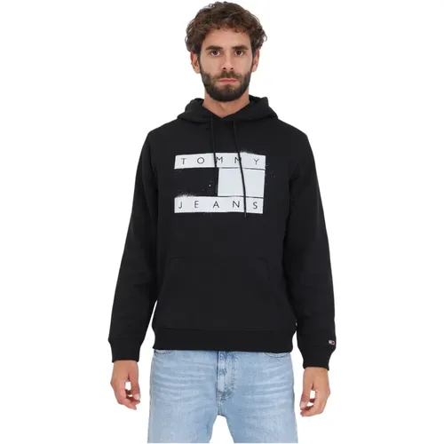 Schwarzer Hoodie mit Logo-Print und Kängurutasche , Herren, Größe: M - Tommy Jeans - Modalova