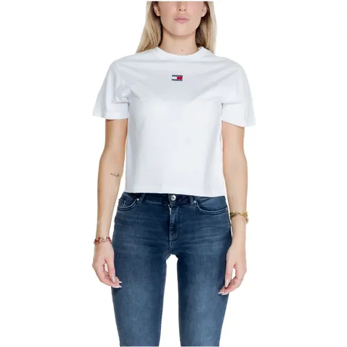 Weißes Einfaches T-Shirt mit Kurzen Ärmeln , Damen, Größe: 2XS - Tommy Hilfiger - Modalova