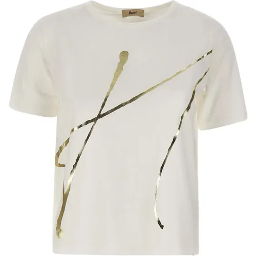 Weiße Baumwoll-T-Shirt mit Goldprint , Damen, Größe: XS - Herno - Modalova